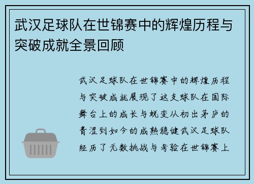 武汉足球队在世锦赛中的辉煌历程与突破成就全景回顾
